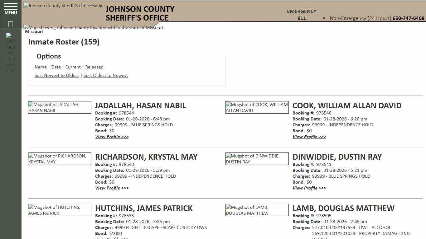 Inmate Roster - Current Inmates Booking Date Descending - Johnson County Sheriff MO