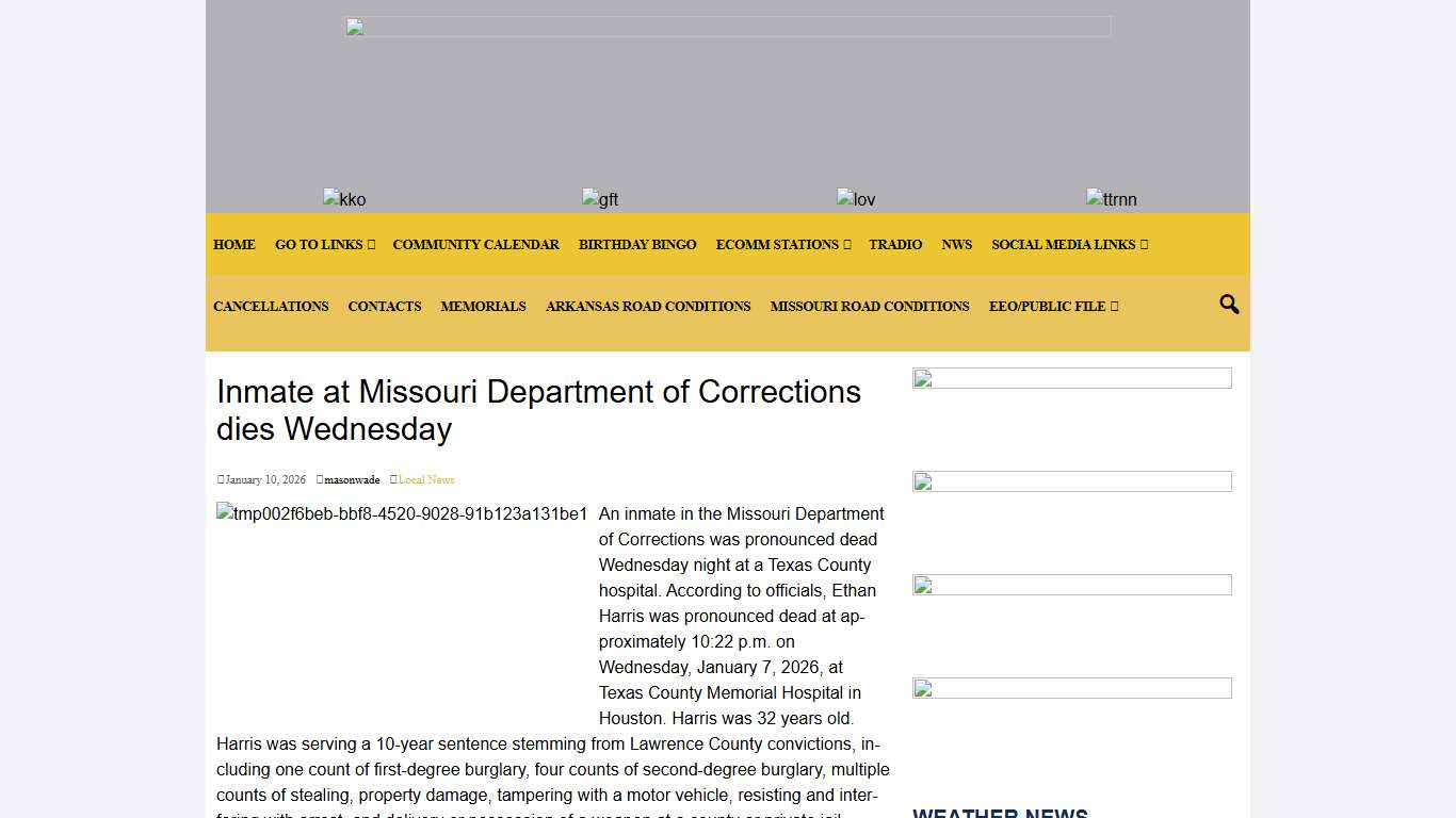 Inmate at Missouri Department of Corrections dies Wednesday E Communications